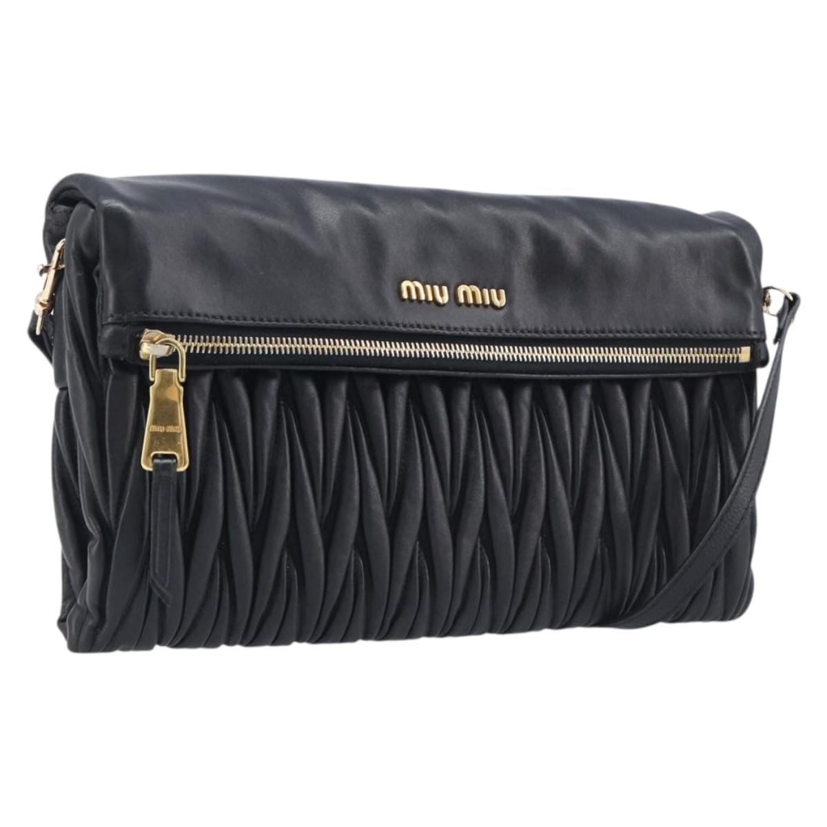 Miu Miu Matelasse Shoulder Bag Leather Black Gold Auth 210219V