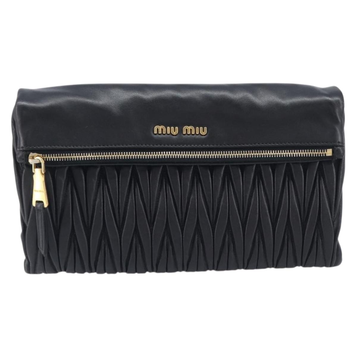 Miu Miu Matelasse Shoulder Bag Leather Black Gold Auth 210219V