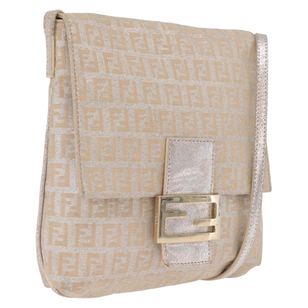 FENDI Zucchino Canvas Mamma Baguette Shoulder Bag Silver Gold Auth 210223