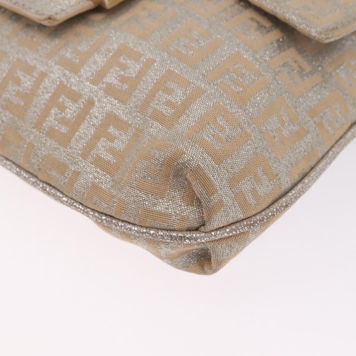 FENDI Zucchino Canvas Mamma Baguette Shoulder Bag Silver Gold Auth 210223