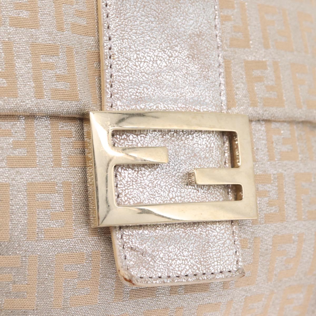 FENDI Zucchino Canvas Mamma Baguette Shoulder Bag Silver Gold Auth 210223