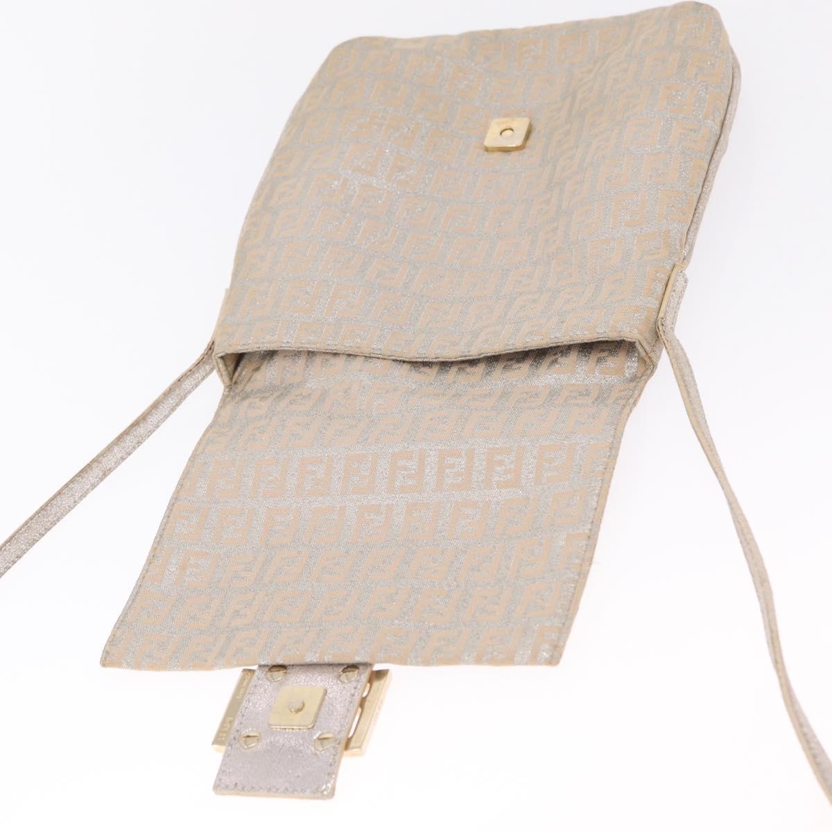 FENDI Zucchino Canvas Mamma Baguette Shoulder Bag Silver Gold Auth 210223