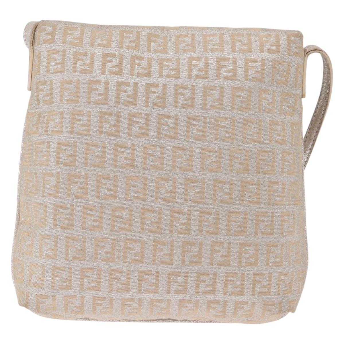 FENDI Zucchino Canvas Mamma Baguette Shoulder Bag Silver Gold Auth 210223