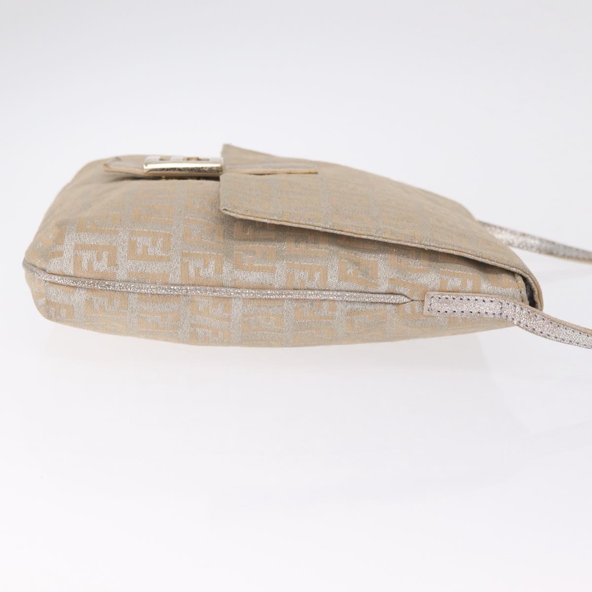 FENDI Zucchino Canvas Mamma Baguette Shoulder Bag Silver Gold Auth 210223