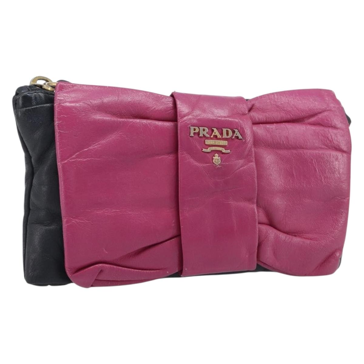 PRADA Ribbon Pouch Leather Black Gold Auth 210226