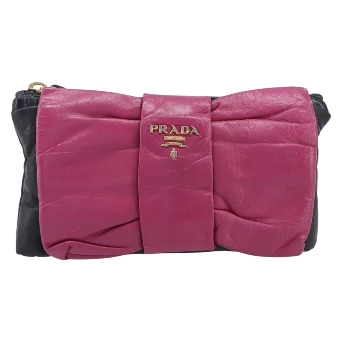PRADA Ribbon Pouch Leather Black Gold Auth 210226