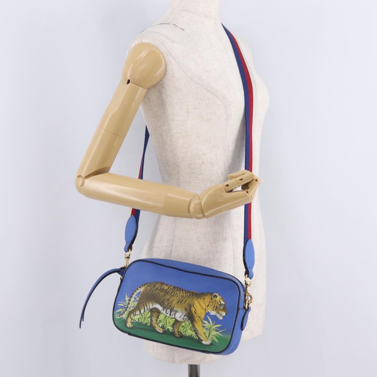 GUCCI Shoulder Bag Leather Blue Gold Auth 210234V