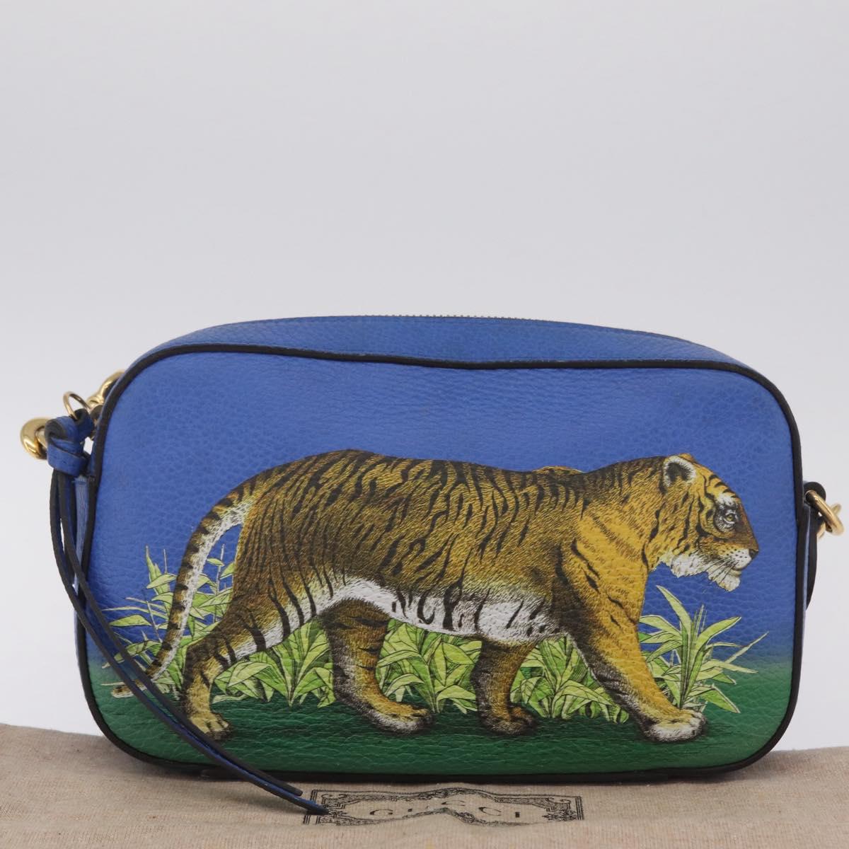 GUCCI Shoulder Bag Leather Blue Gold Auth 210234V