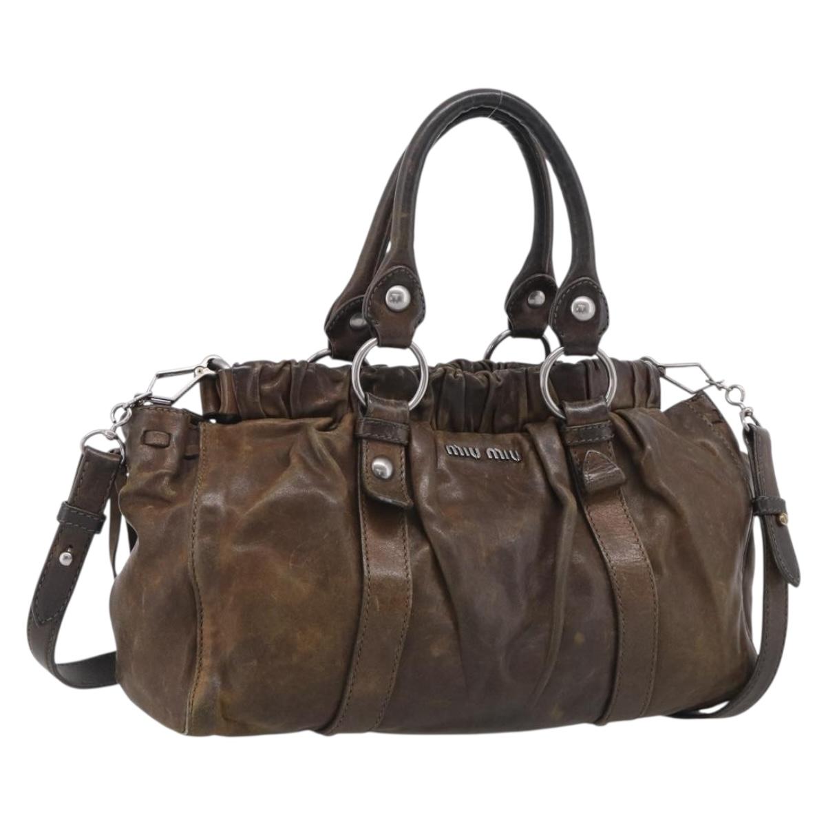 Miu Miu Hand Bag Vitellolux 2way Brown Silver Auth 210237V