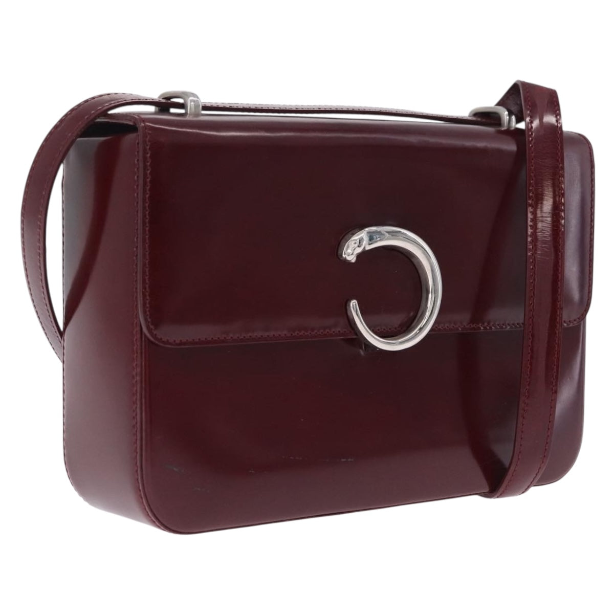Cartier PANTHERE Shoulder Bag Leather Bordeaux Silver Auth 210248A