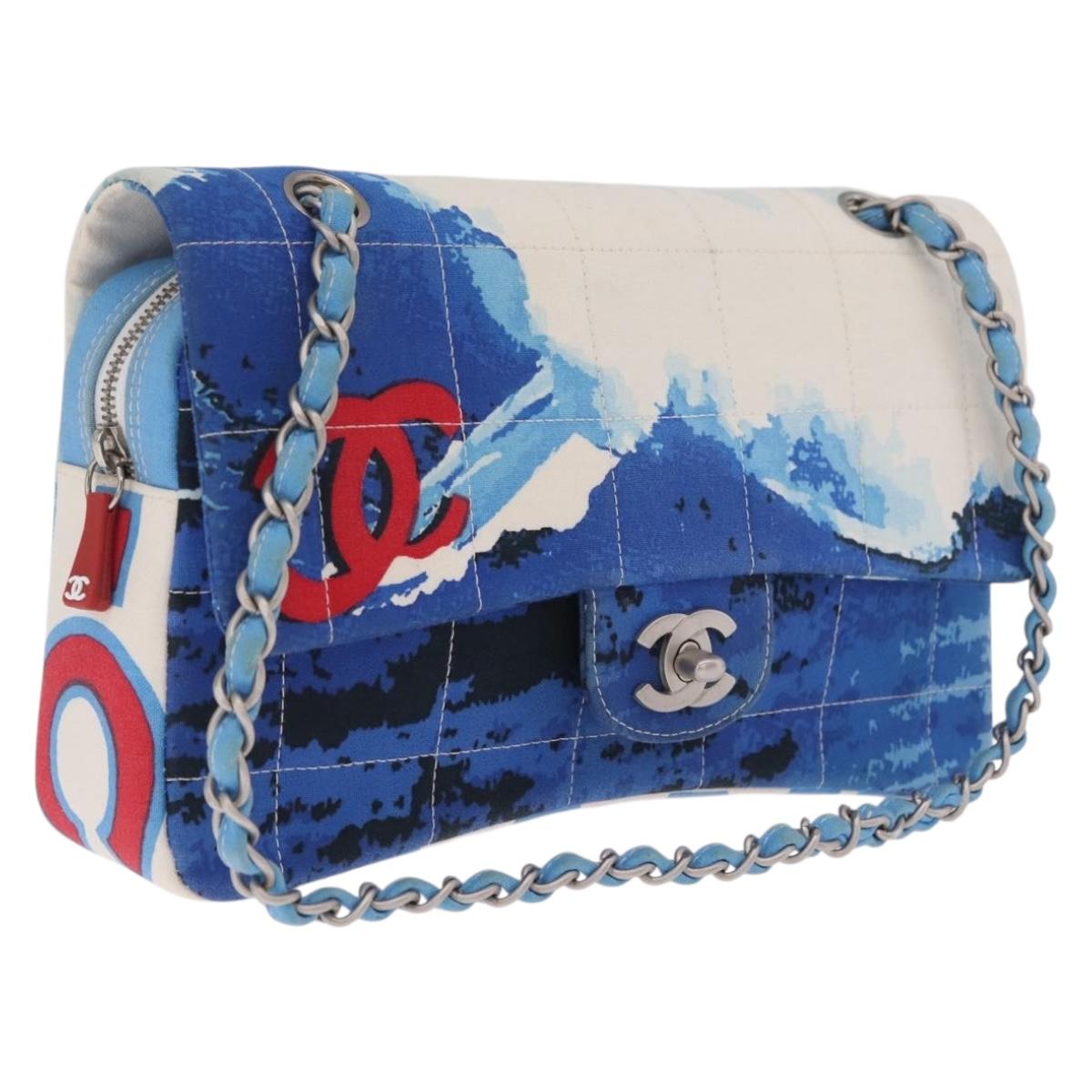 CHANEL Surf Line Choco Bar Chain Bag Canvas Blue Silver CC Auth 210250SM