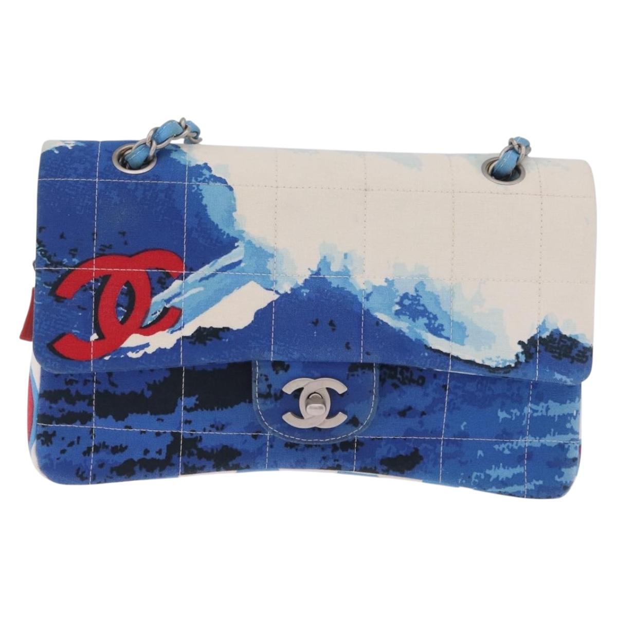 CHANEL Surf Line Choco Bar Chain Bag Canvas Blue Silver CC Auth 210250SM
