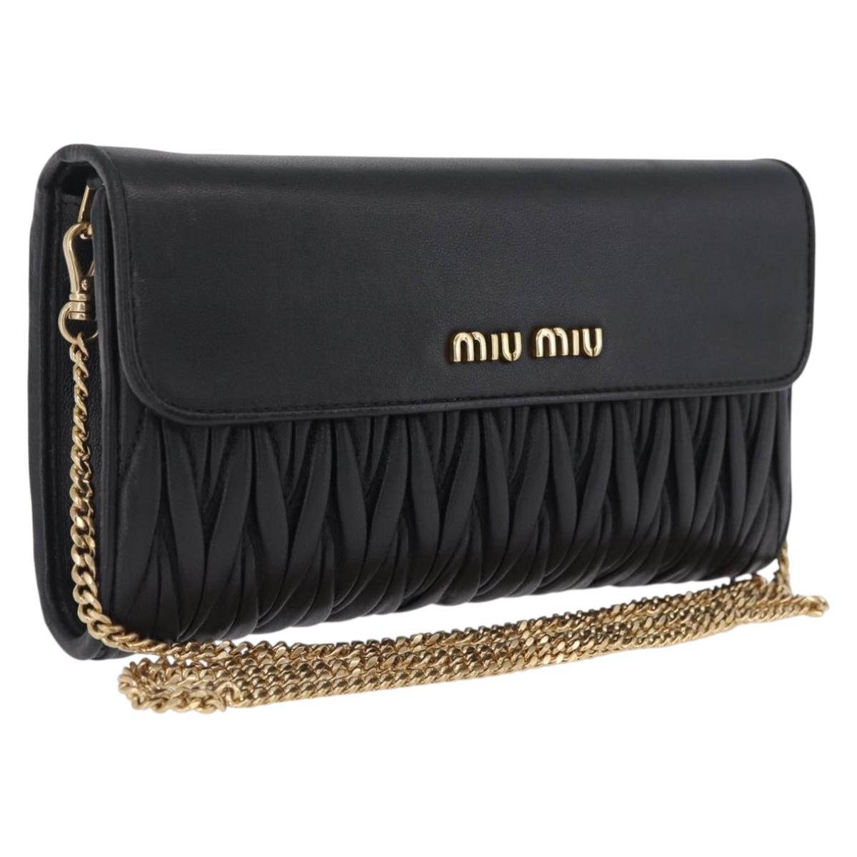 Miu Miu Matelasse Chain Wallet Leather Black Gold Auth 210251V