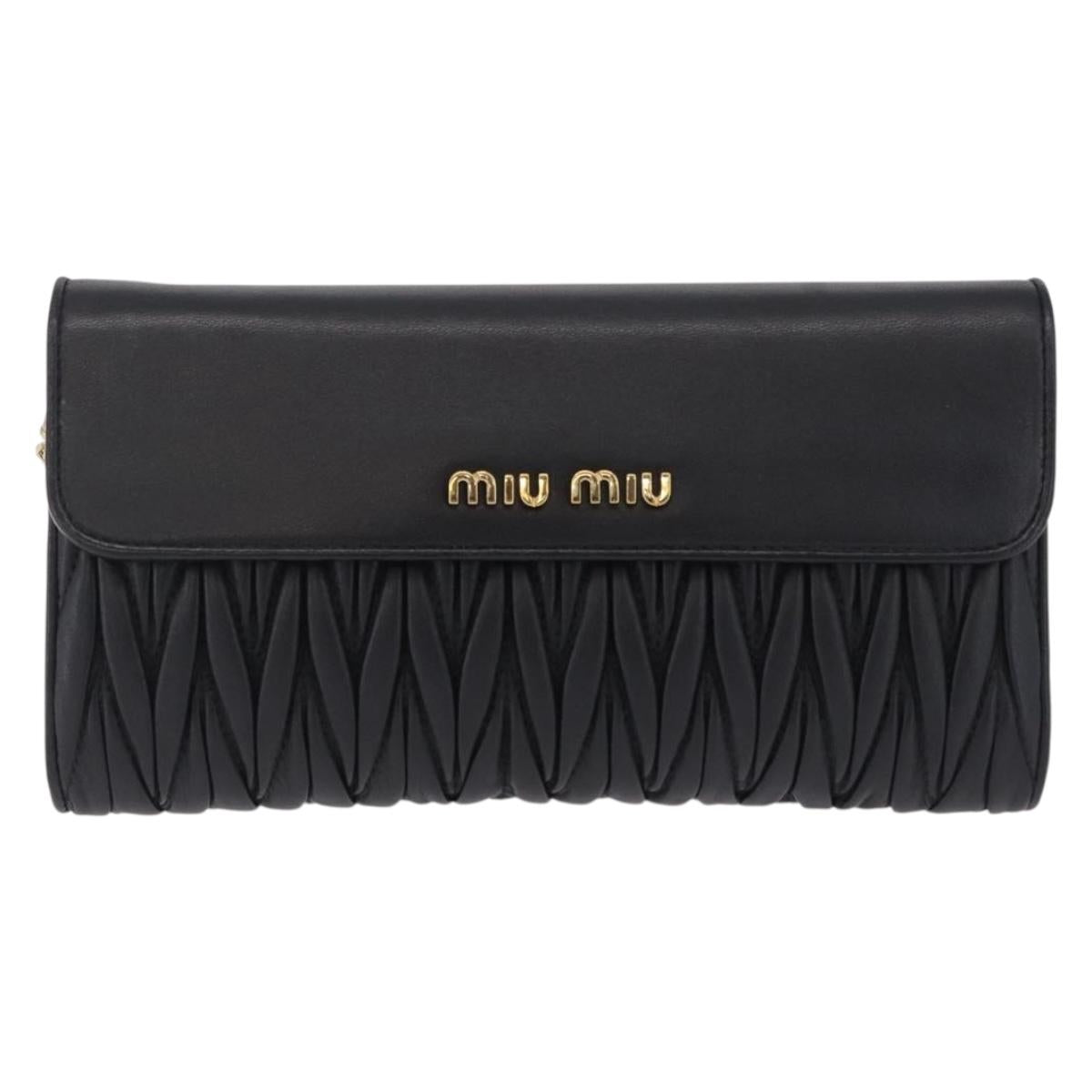Miu Miu Matelasse Chain Wallet Leather Black Gold Auth 210251V