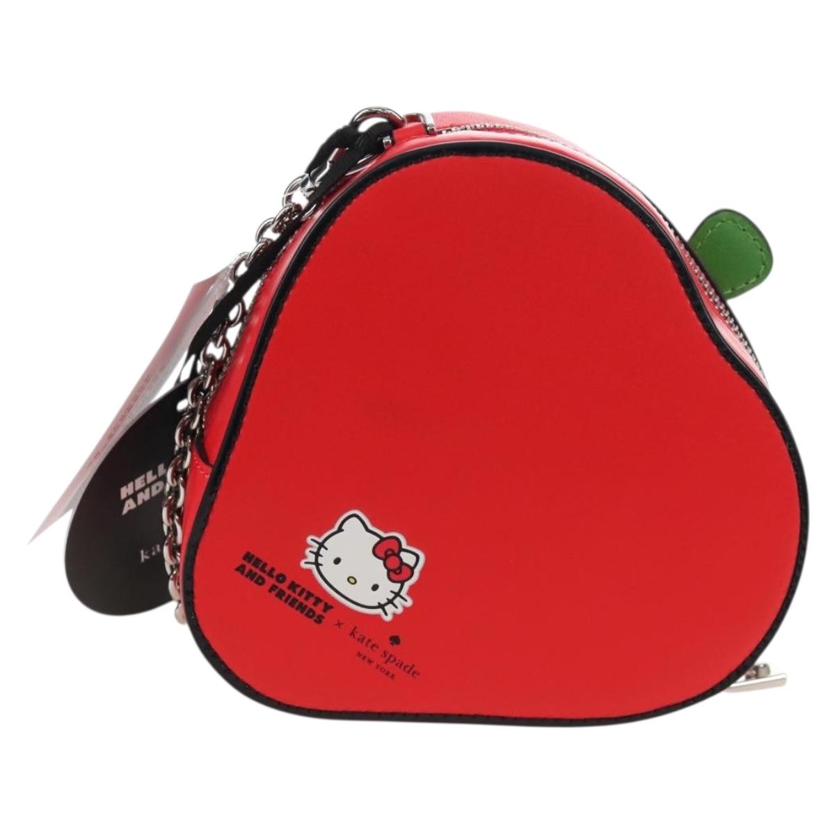 kate spade 3D Strawberry Hello Kitty Chain Bag Leather Red Silver Auth 210253M