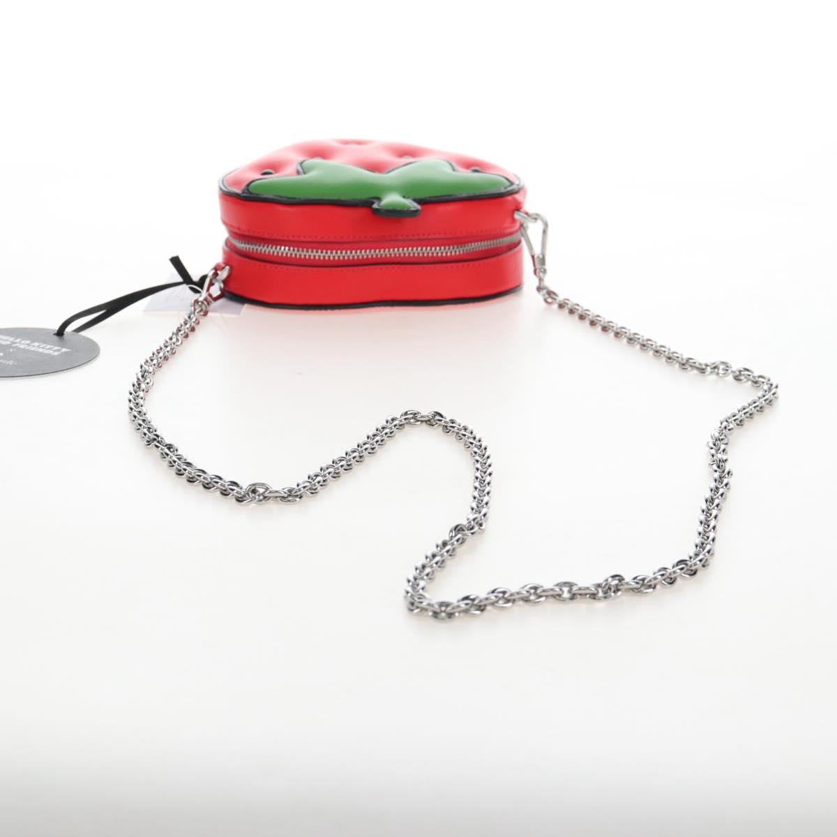 kate spade 3D Strawberry Hello Kitty Chain Bag Leather Red Silver Auth 210253M