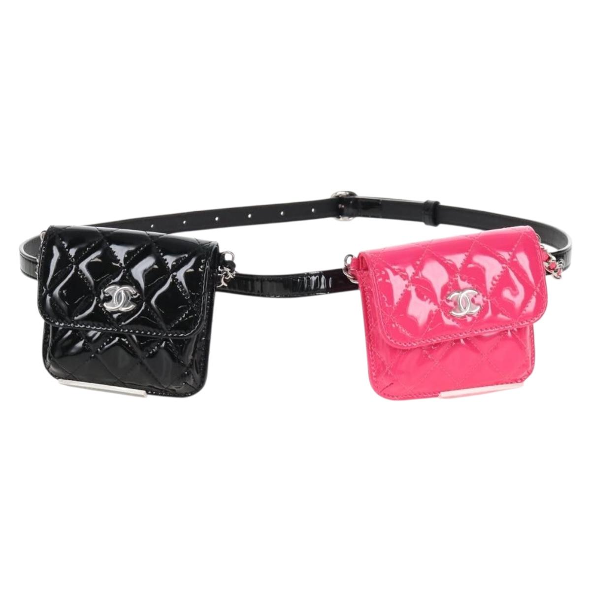 CHANEL Belt Bag Patent Leather Black Silver CC Auth 210255SM