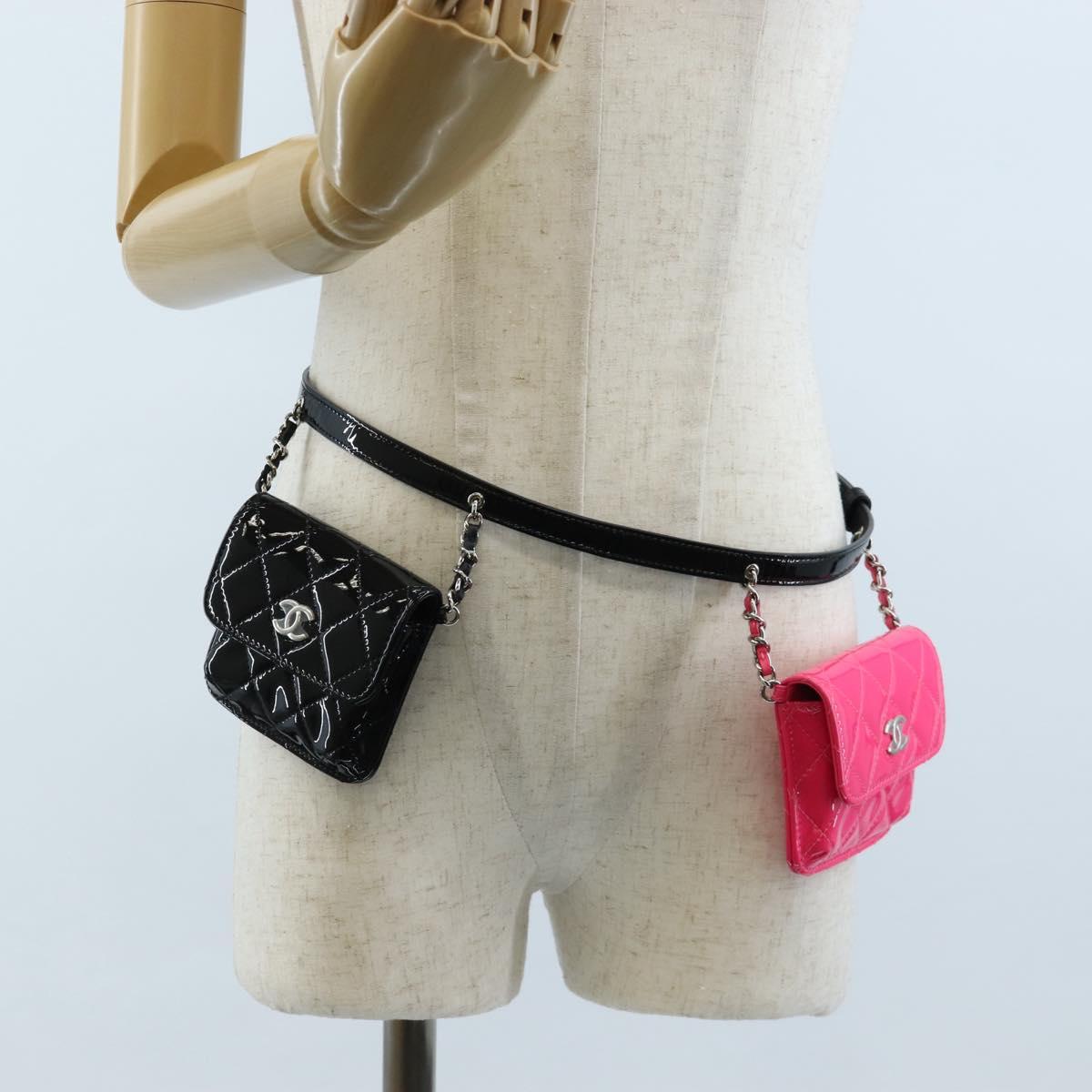 CHANEL Belt Bag Patent Leather Black Silver CC Auth 210255SM