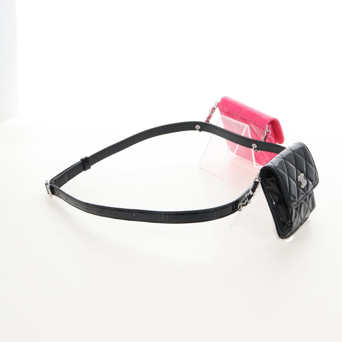 CHANEL Belt Bag Patent Leather Black Silver CC Auth 210255SM