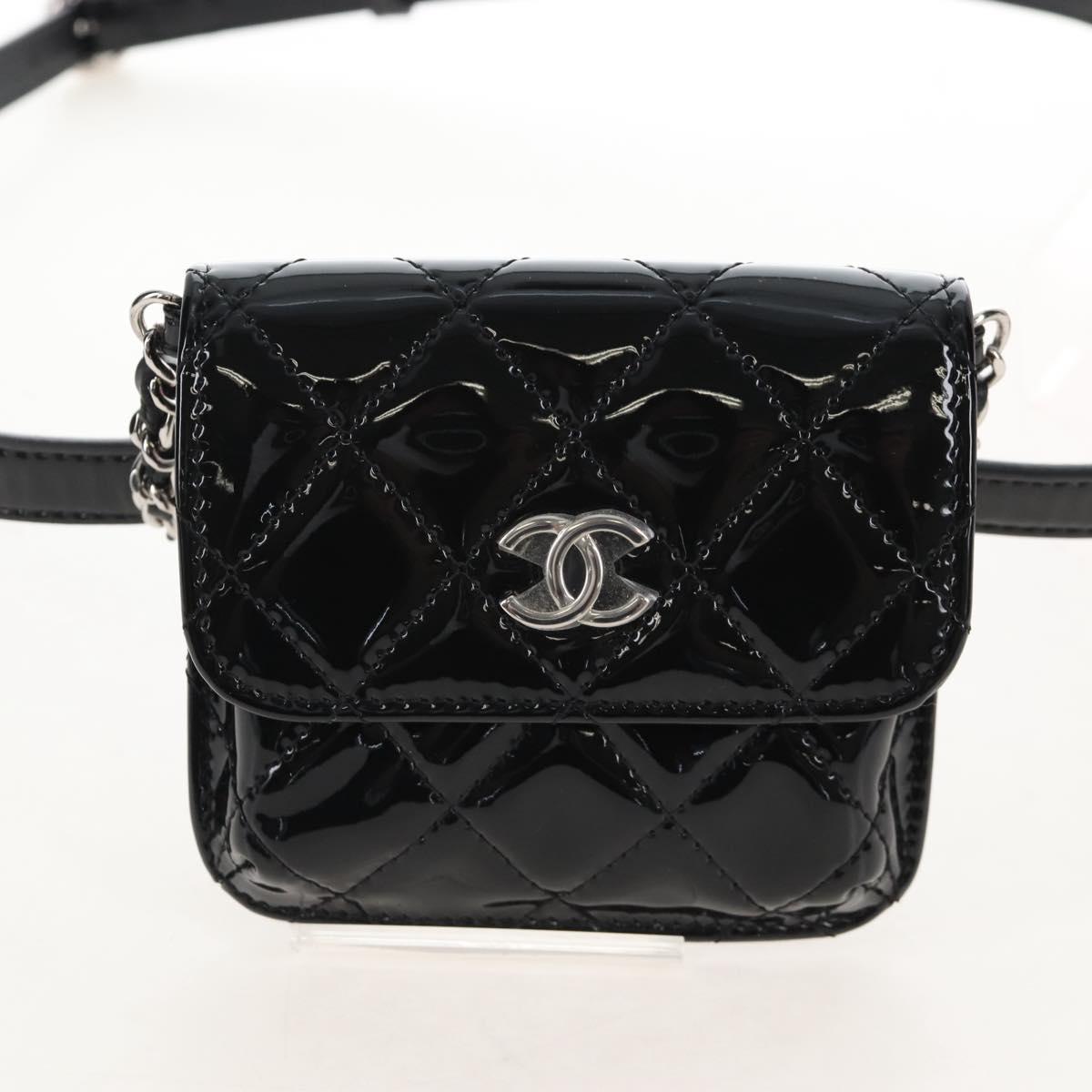 CHANEL Belt Bag Patent Leather Black Silver CC Auth 210255SM