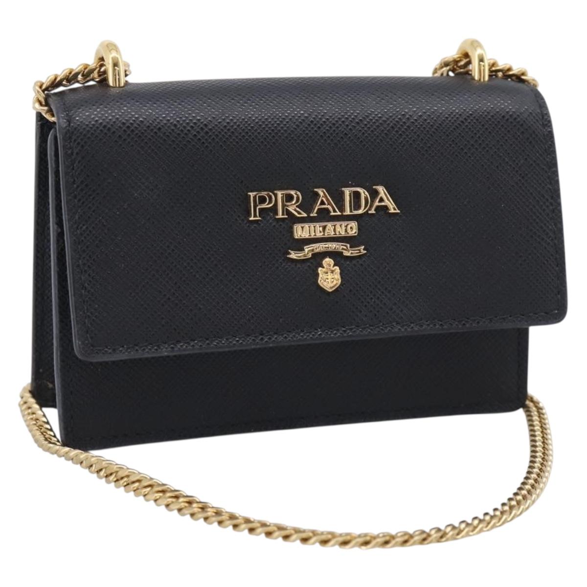 PRADA Chain Shoulder Bag Safiano Leather Black Gold Auth 210257V
