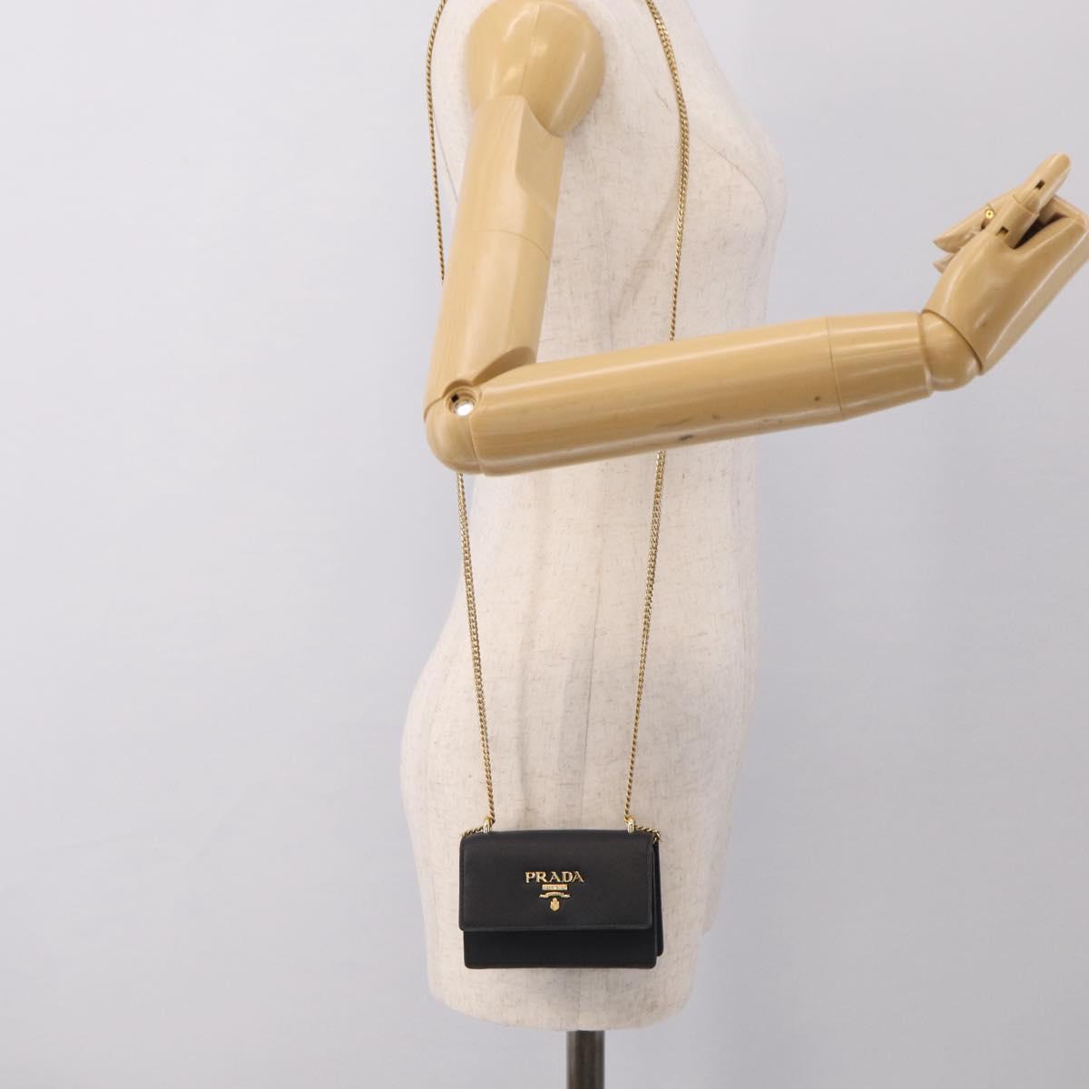 PRADA Chain Shoulder Bag Safiano Leather Black Gold Auth 210257V