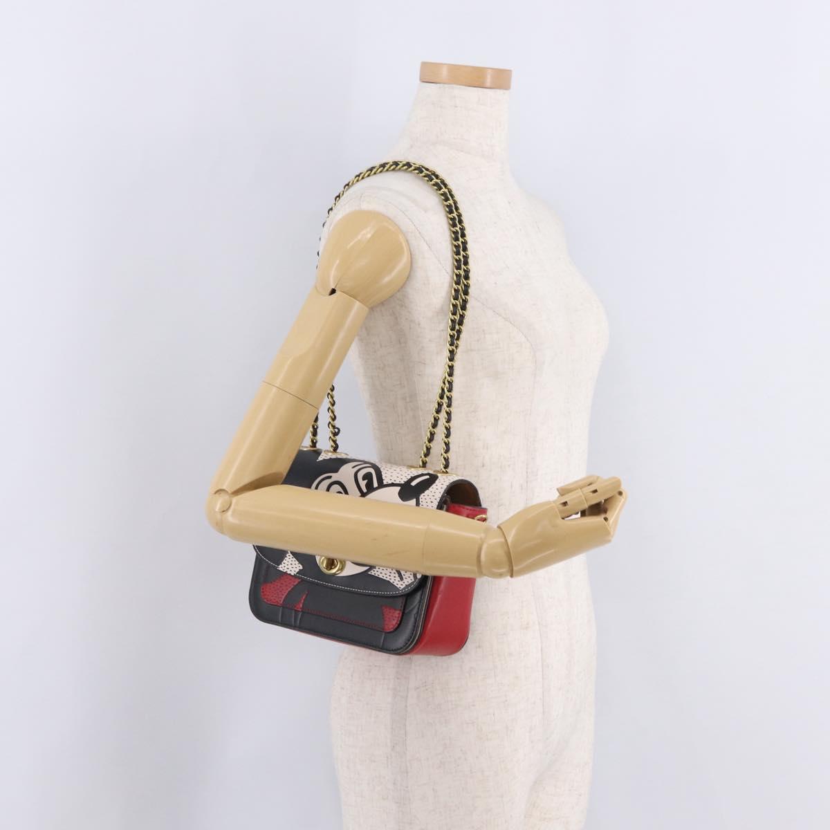 Coach Mickey Chain Shoulder Bag Leather Red Gold Auth 210264V