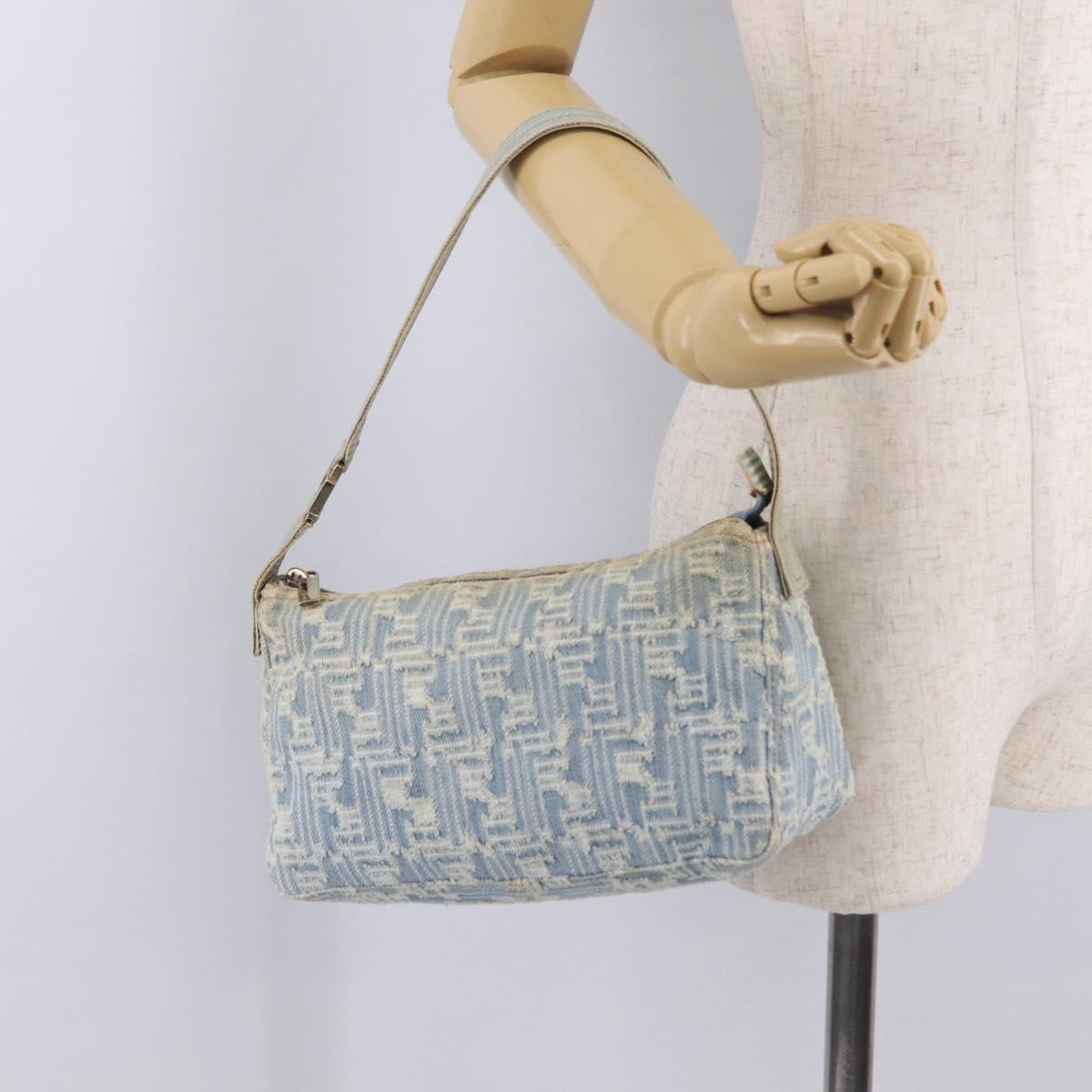 FENDI Zucca Canvas Shoulder Bag Canvas Light Blue Gold Auth 210274