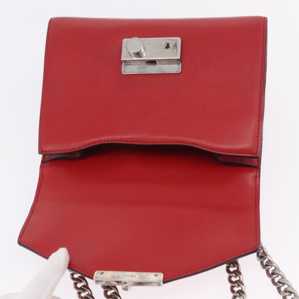 PRADA Chain Shoulder Bag Leather Red Silver Auth 210281V