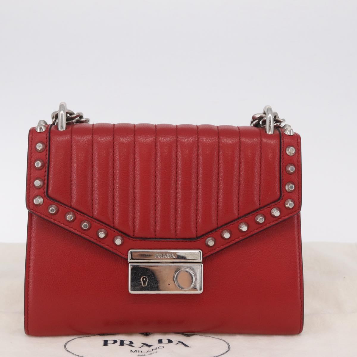 PRADA Chain Shoulder Bag Leather Red Silver Auth 210281V