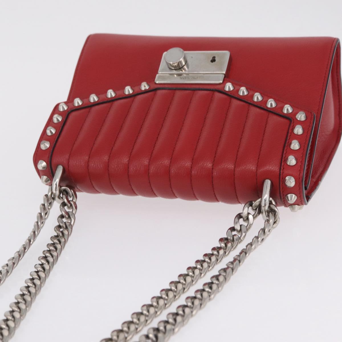 PRADA Chain Shoulder Bag Leather Red Silver Auth 210281V
