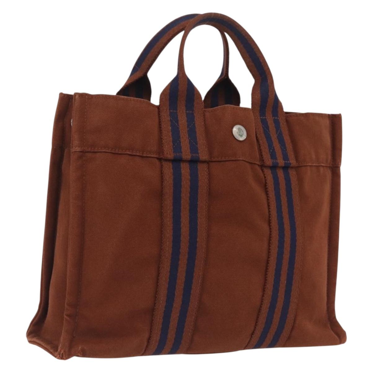 HERMES New Fourre Tout PM Hand Bag Canvas Brown Silver Auth 210299
