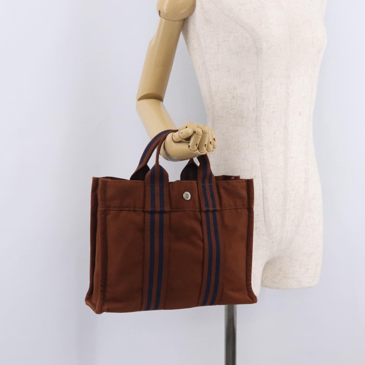 HERMES New Fourre Tout PM Hand Bag Canvas Brown Silver Auth 210299