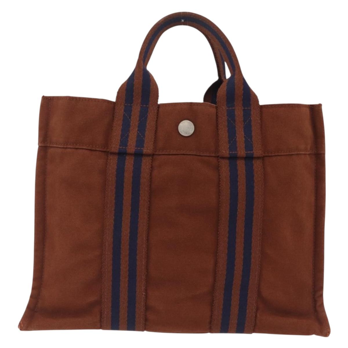 HERMES New Fourre Tout PM Hand Bag Canvas Brown Silver Auth 210299