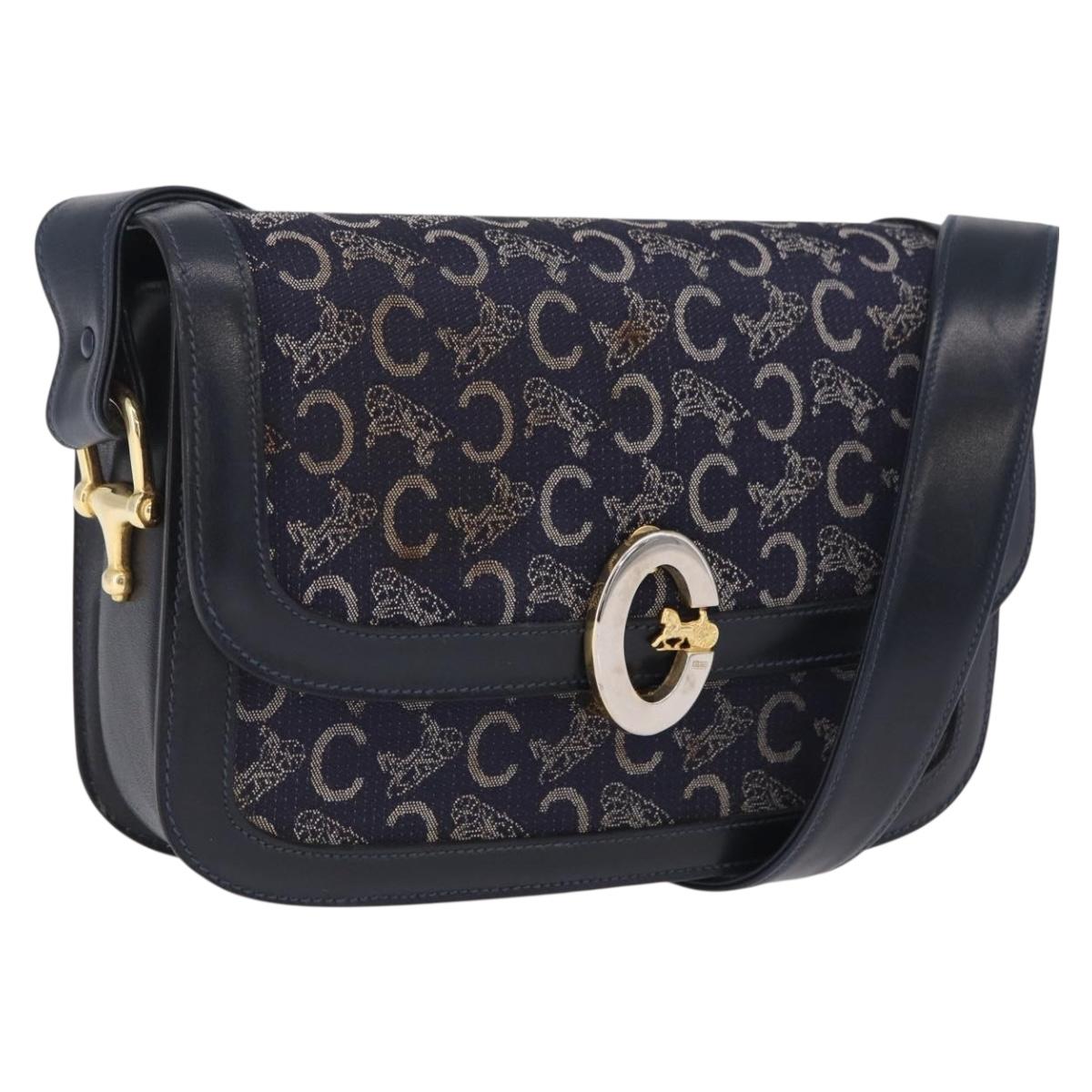 CELINE C saluki Shoulder Bag Canvas Navy Gold Auth 210302