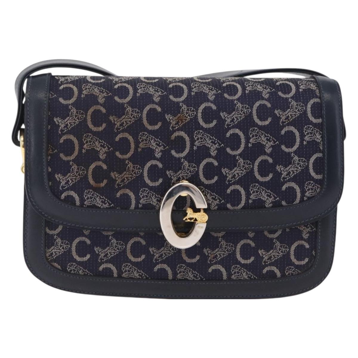 CELINE C saluki Shoulder Bag Canvas Navy Gold Auth 210302