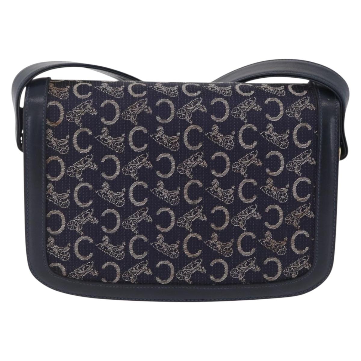 CELINE C saluki Shoulder Bag Canvas Navy Gold Auth 210302