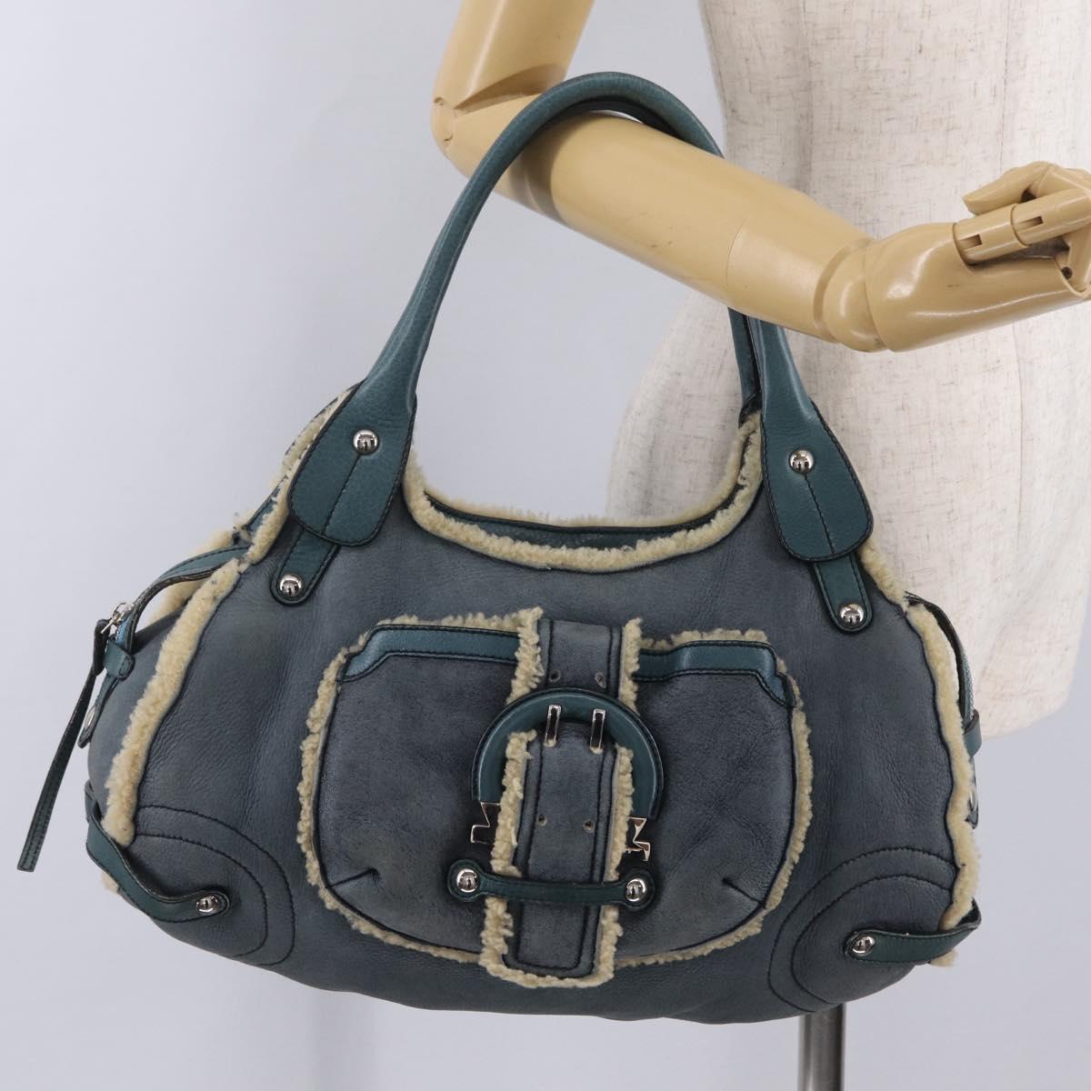 Salvatore Ferragamo Gancini Hand Bag Leather Mouton Blue Silver Auth 210306