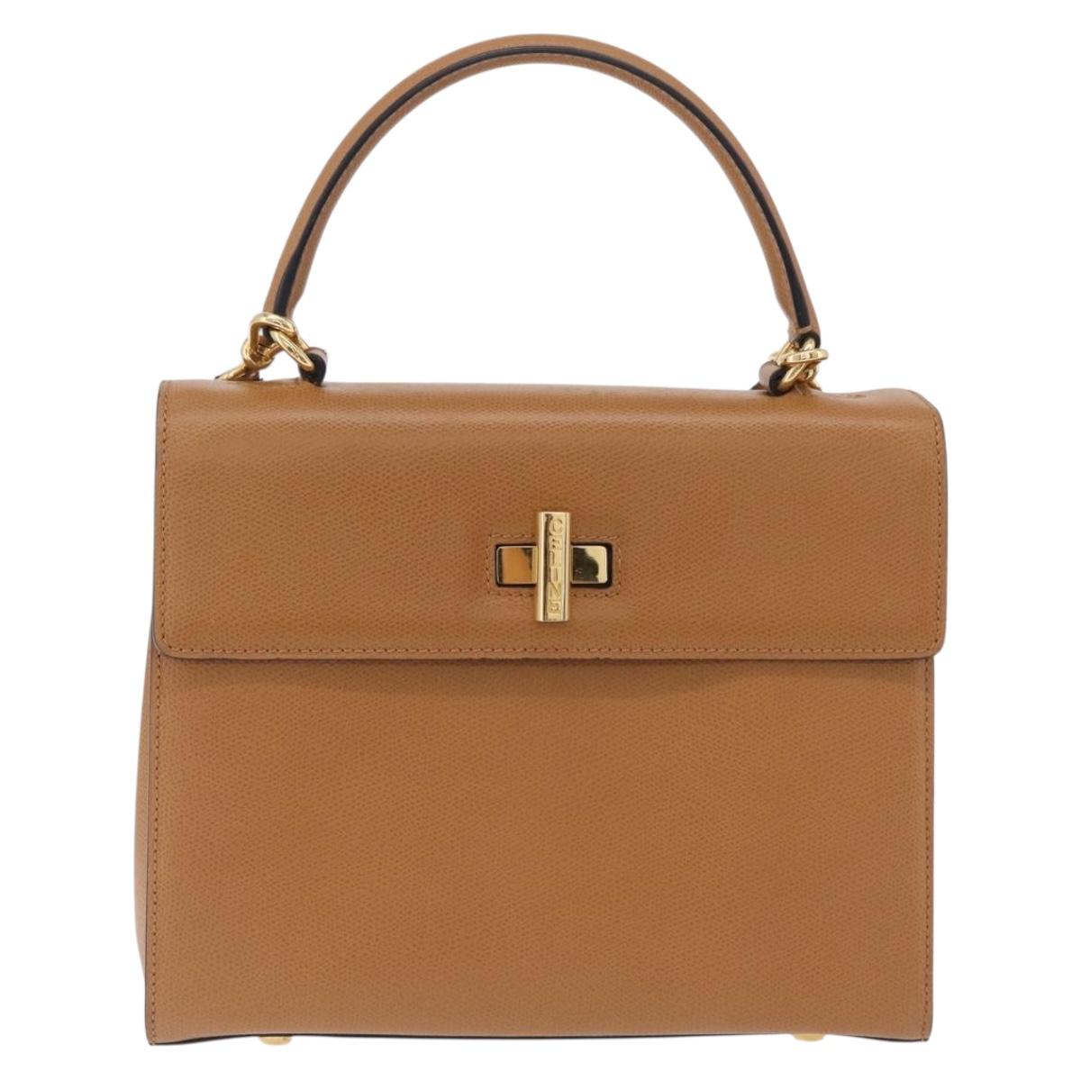 CELINE Hand Bag Leather 2way Beige Gold Auth 210316