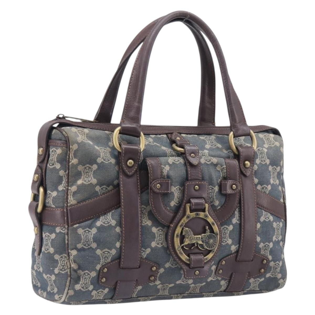 CELINE Paris Macadam Canvas Horse Carriage Hand Bag Blue Gold Auth 210319
