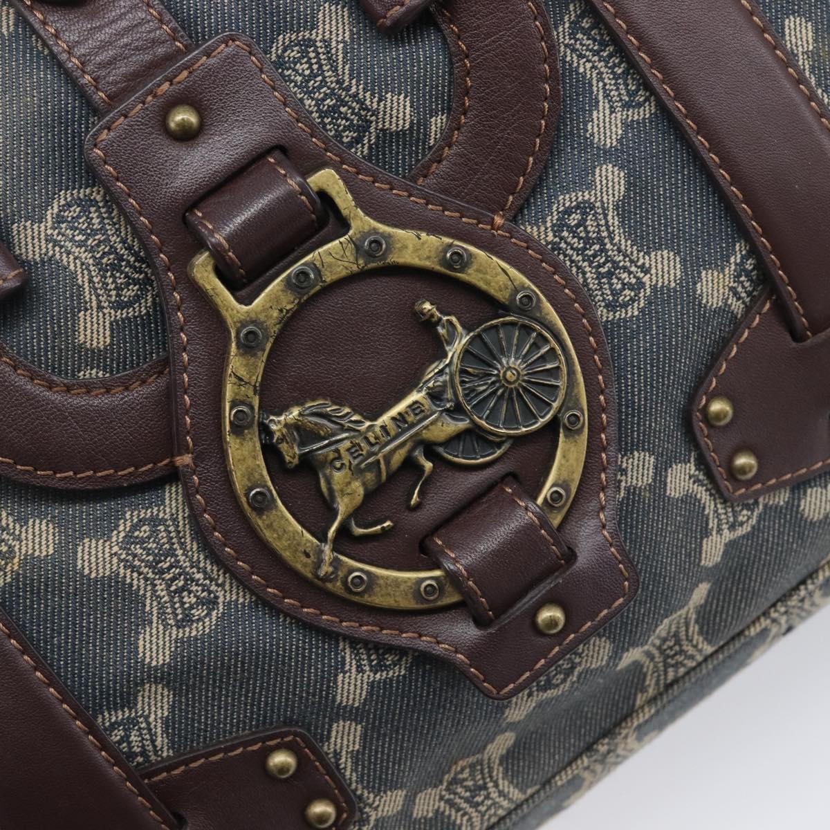 CELINE Paris Macadam Canvas Horse Carriage Hand Bag Blue Gold Auth 210319