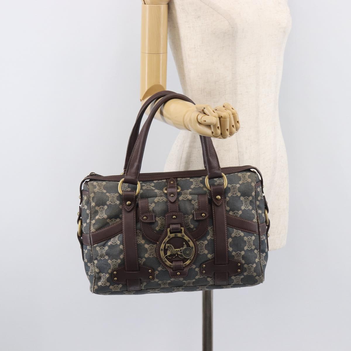 CELINE Paris Macadam Canvas Horse Carriage Hand Bag Blue Gold Auth 210319
