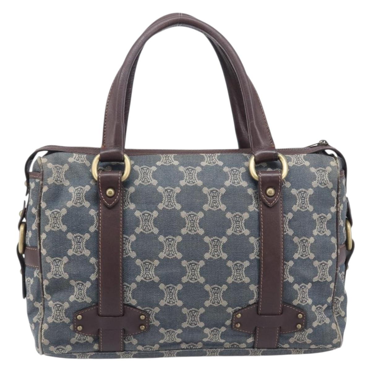 CELINE Paris Macadam Canvas Horse Carriage Hand Bag Blue Gold Auth 210319