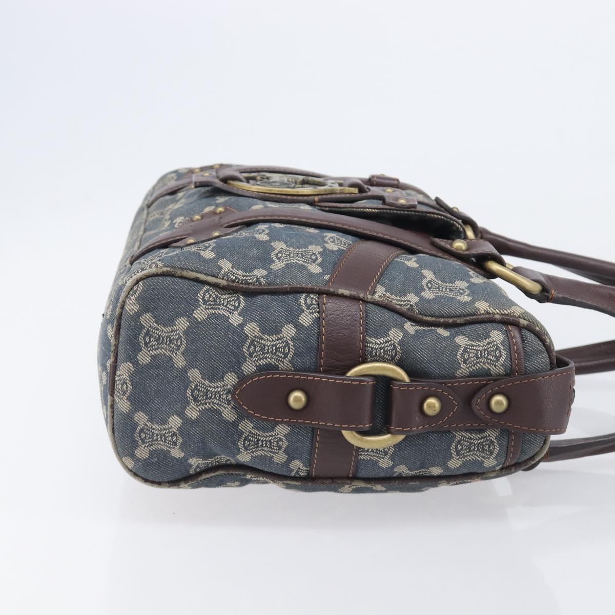 CELINE Paris Macadam Canvas Horse Carriage Hand Bag Blue Gold Auth 210319