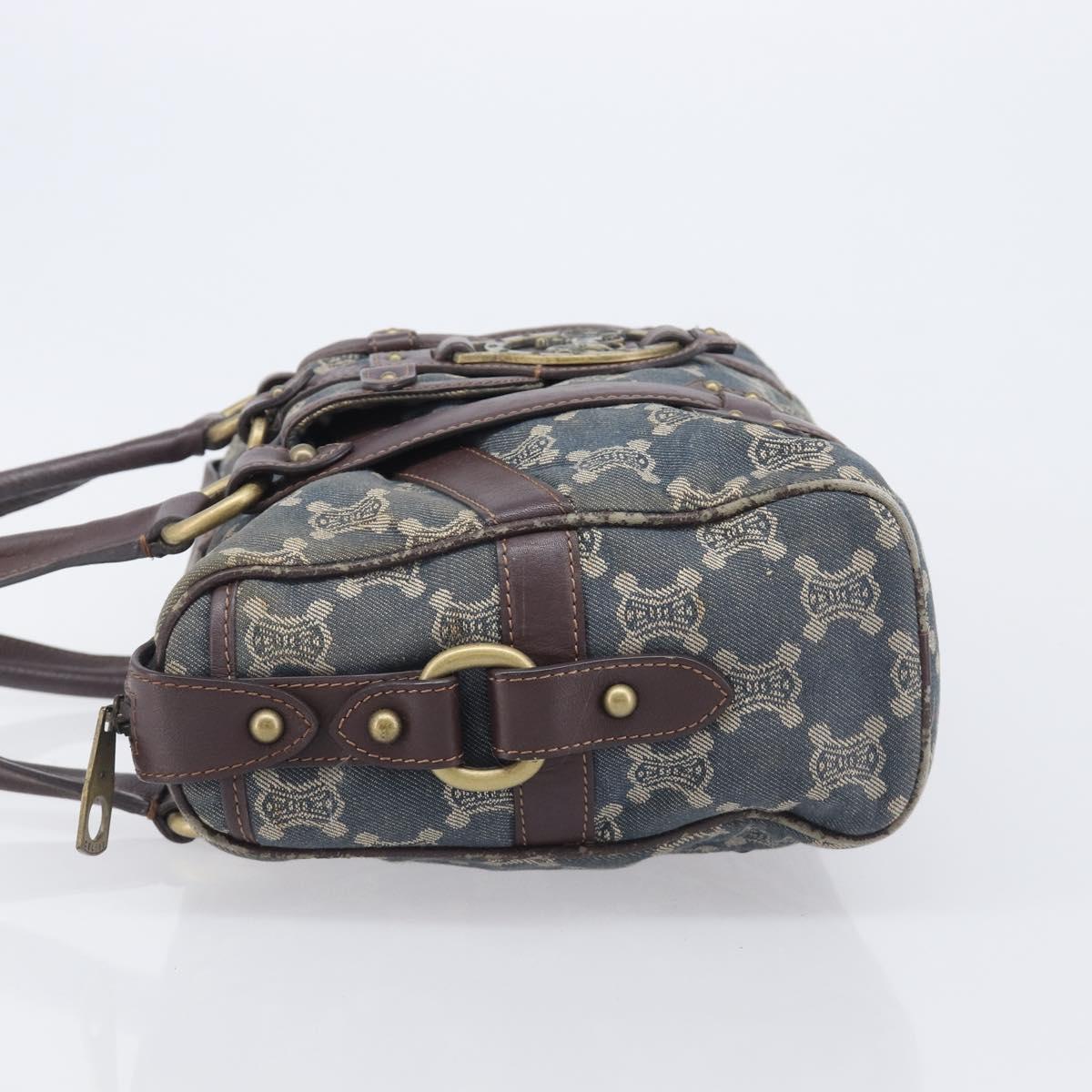 CELINE Paris Macadam Canvas Horse Carriage Hand Bag Blue Gold Auth 210319