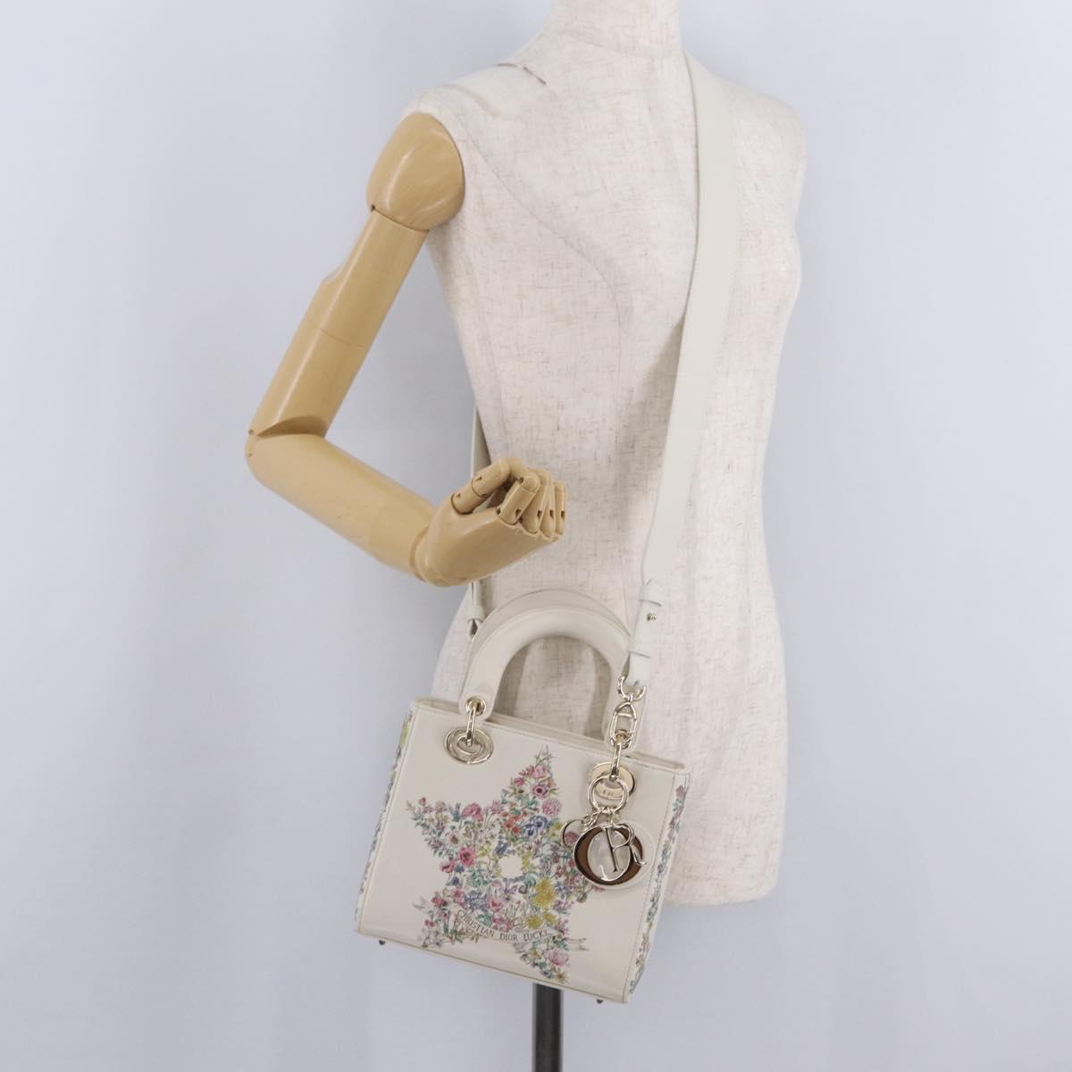 Christian Dior Lady Dior Hand Bag Leather 2way White Gold Auth 210372SAM
