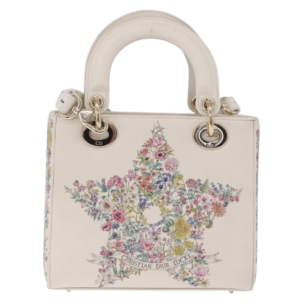 Christian Dior Lady Dior Hand Bag Leather 2way White Gold Auth 210372SAM