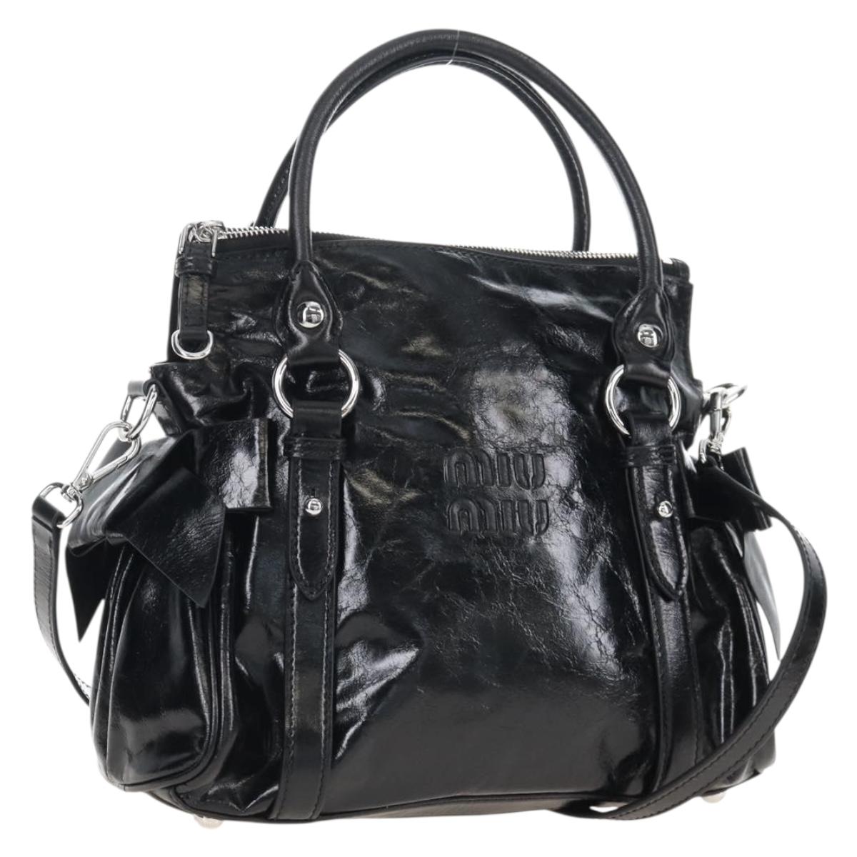 Miu Miu Vitter Shine Hand Bag Leather 2way Black Silver Auth 210377SAM