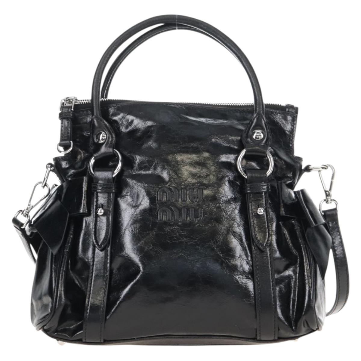 Miu Miu Vitter Shine Hand Bag Leather 2way Black Silver Auth 210377SAM
