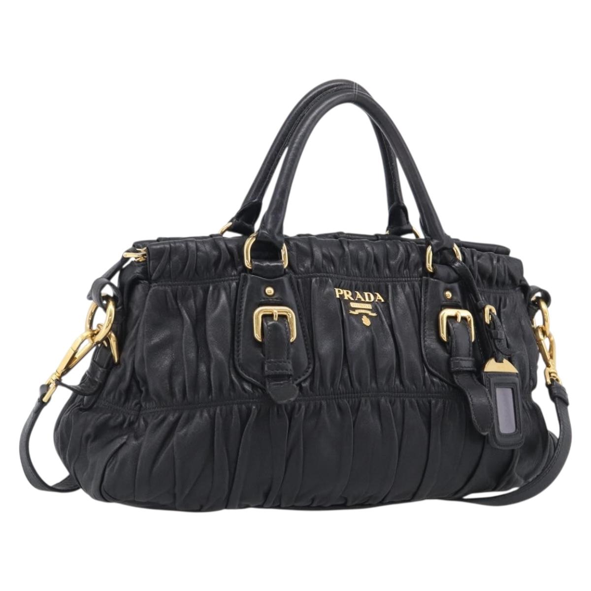 PRADA Gathered Hand Bag Leather 2way Black Gold Auth 210378A